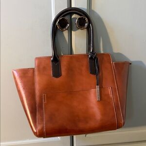 Structured Cognac Leather Tote with Dark Brown Handles